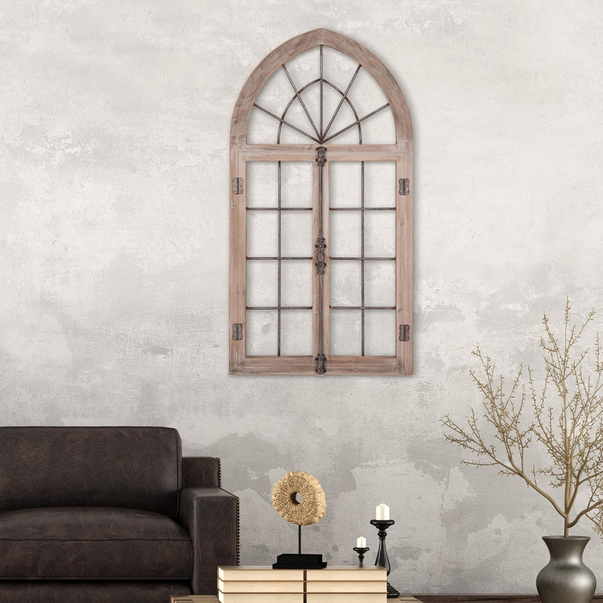 Distressed Gray Arched Cathedral Window Frame Wall Décor E75745