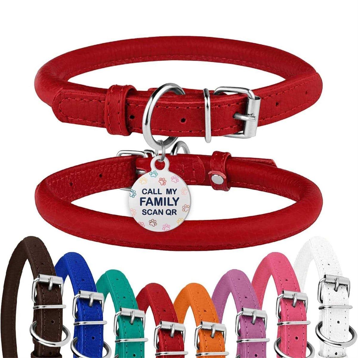 Rolled Leather Dog Collar with QR ID Dog Tag O49030