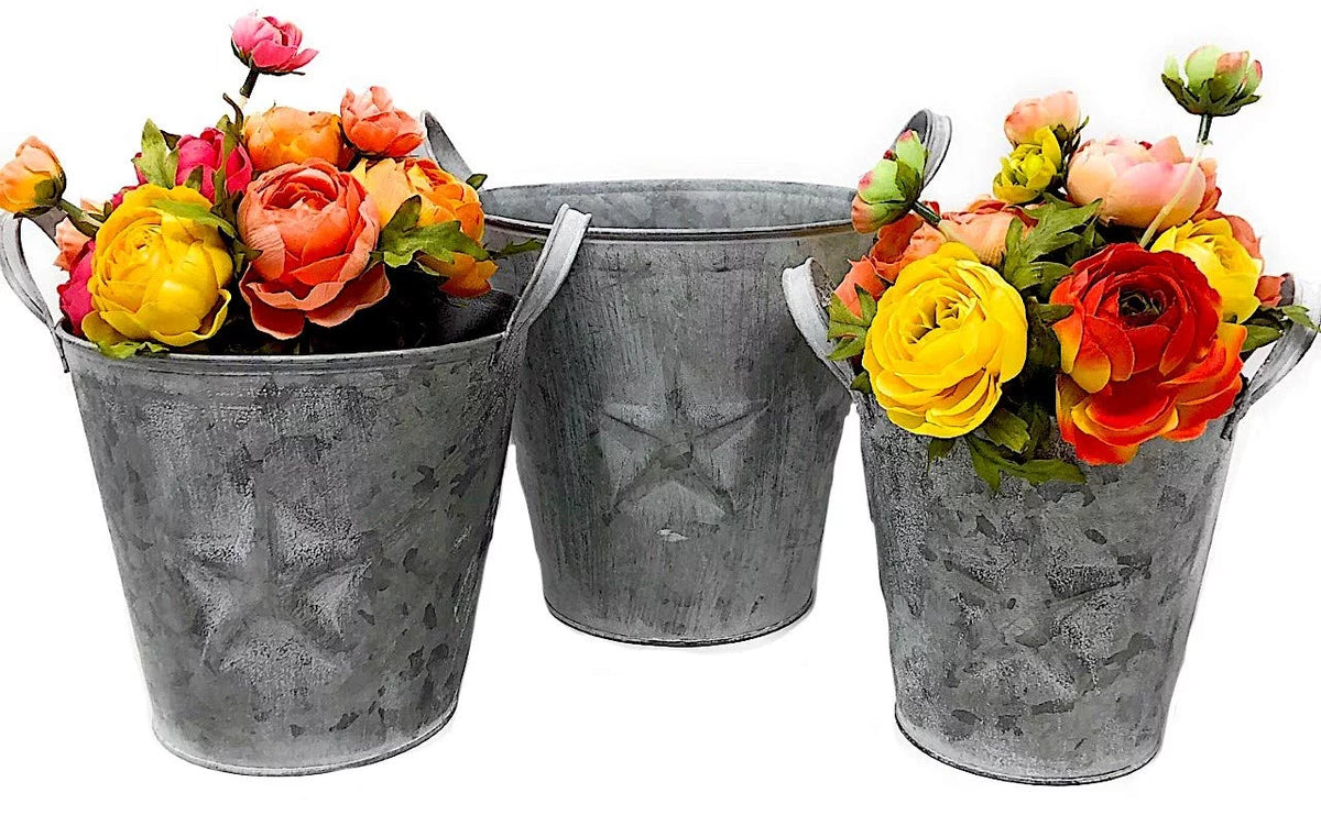 3 Metal Buckets Planters With Handles Tarnished Silver Decorative Distressed Rustic E76785