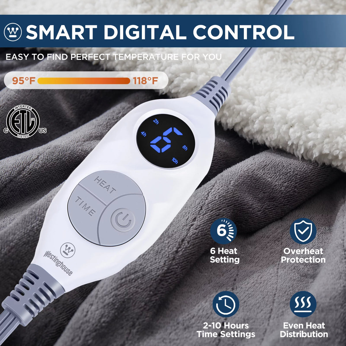 50x60" Electric Blanket Throw, 6 Heating Levels, Flannel to Sherpa Reversible, Grey P60862