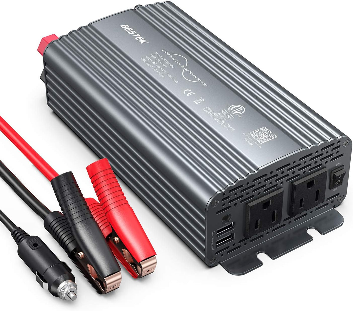500W Pure Sine Wave Power Inverter DC 12V to 110V AC with Dual USB Charging Ports and 2 AC Outlets, Grey, Pack of 2 T5252