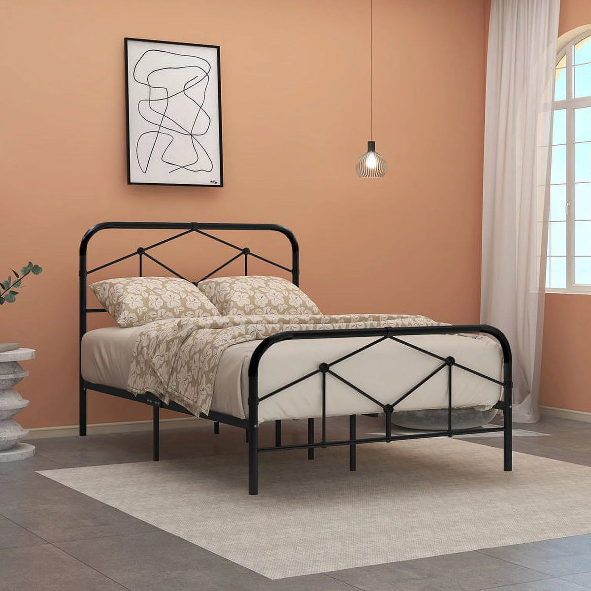White Queen Size Metal Platform Bed with Headboard and Footboard J2824