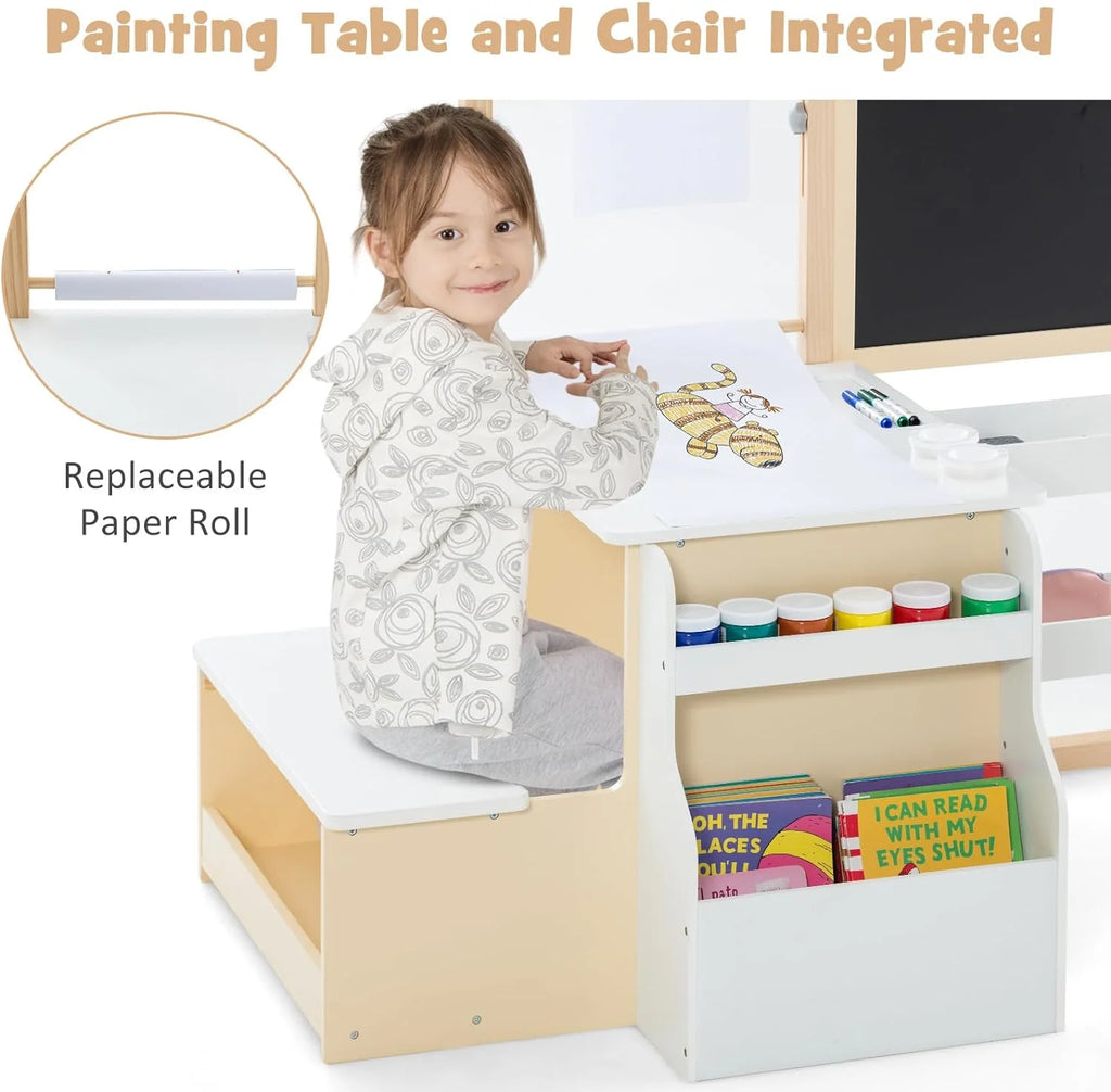 Kids Art Table and Chair Set, 3 in 1 Wood Activity Desk with Easel S164165