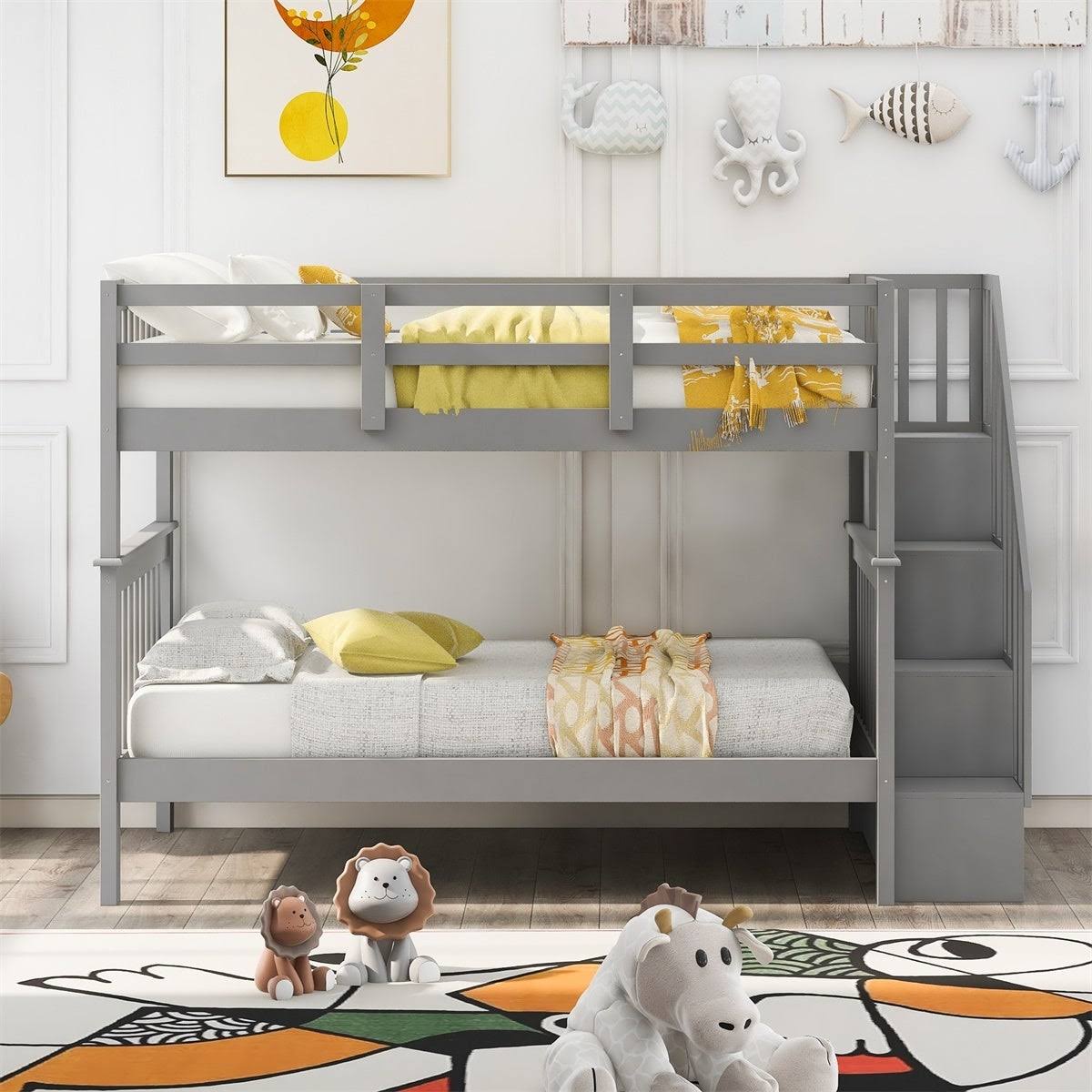 Twin-Over-Twin Bunk Bed with Stairway, Storage and Guard Rail - Grey D897