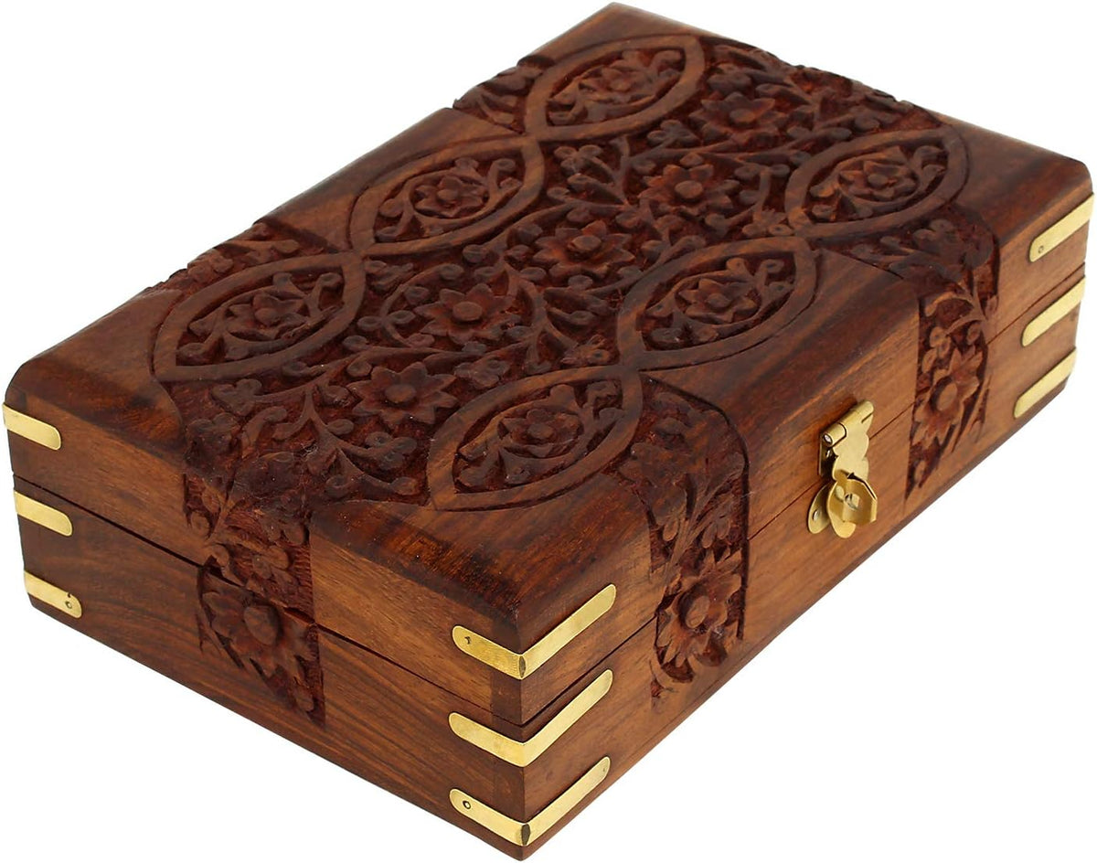 Hand Carved Wooden Storage Organiser Jewellery Box 20x12.5x6.5 CM D44553