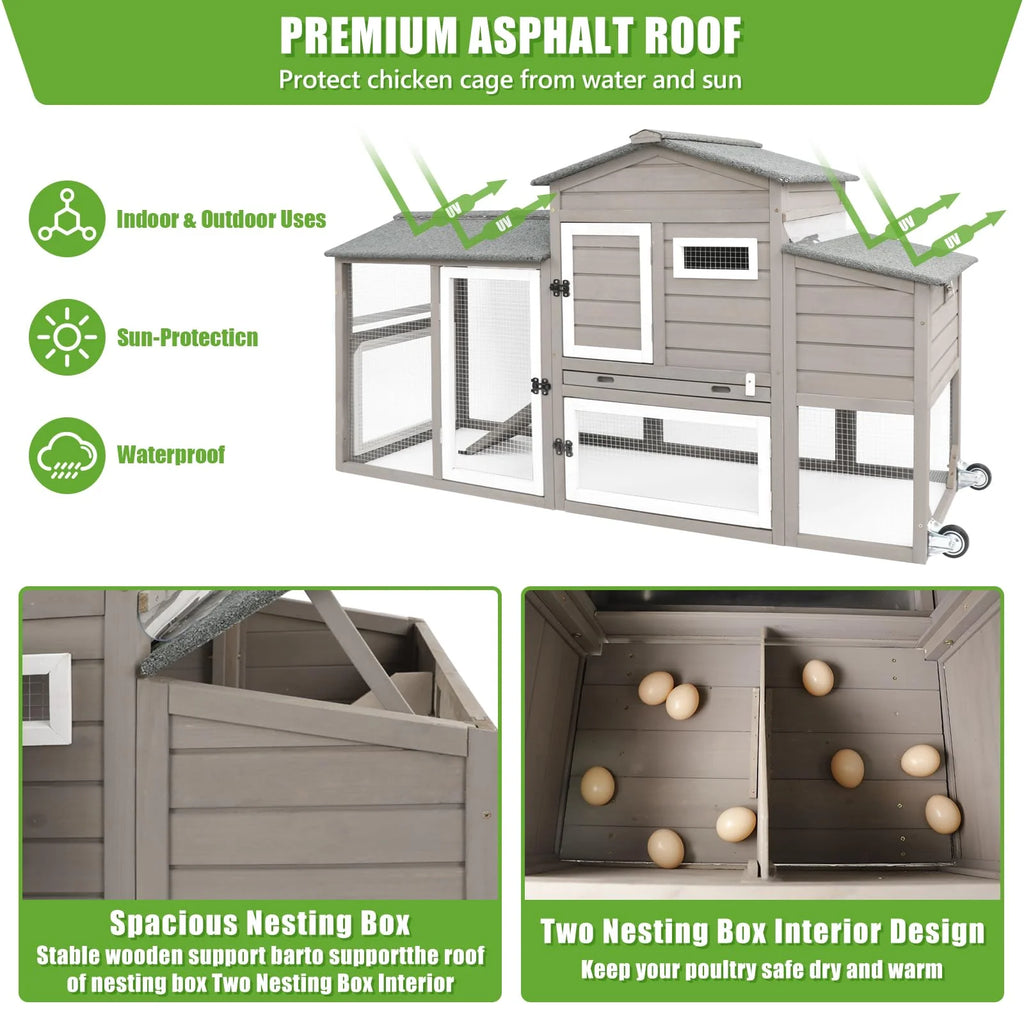 Large Chicken Coop with Wheels, Wooden Hen House, 2 Story Poultry Cage with Nesting Box and Pull Out Trays X9851