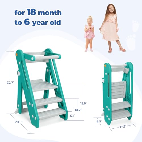 Foldable Adjustable Toddler Kitchen Stool with Handles Non-Slip Blue Grey M8891