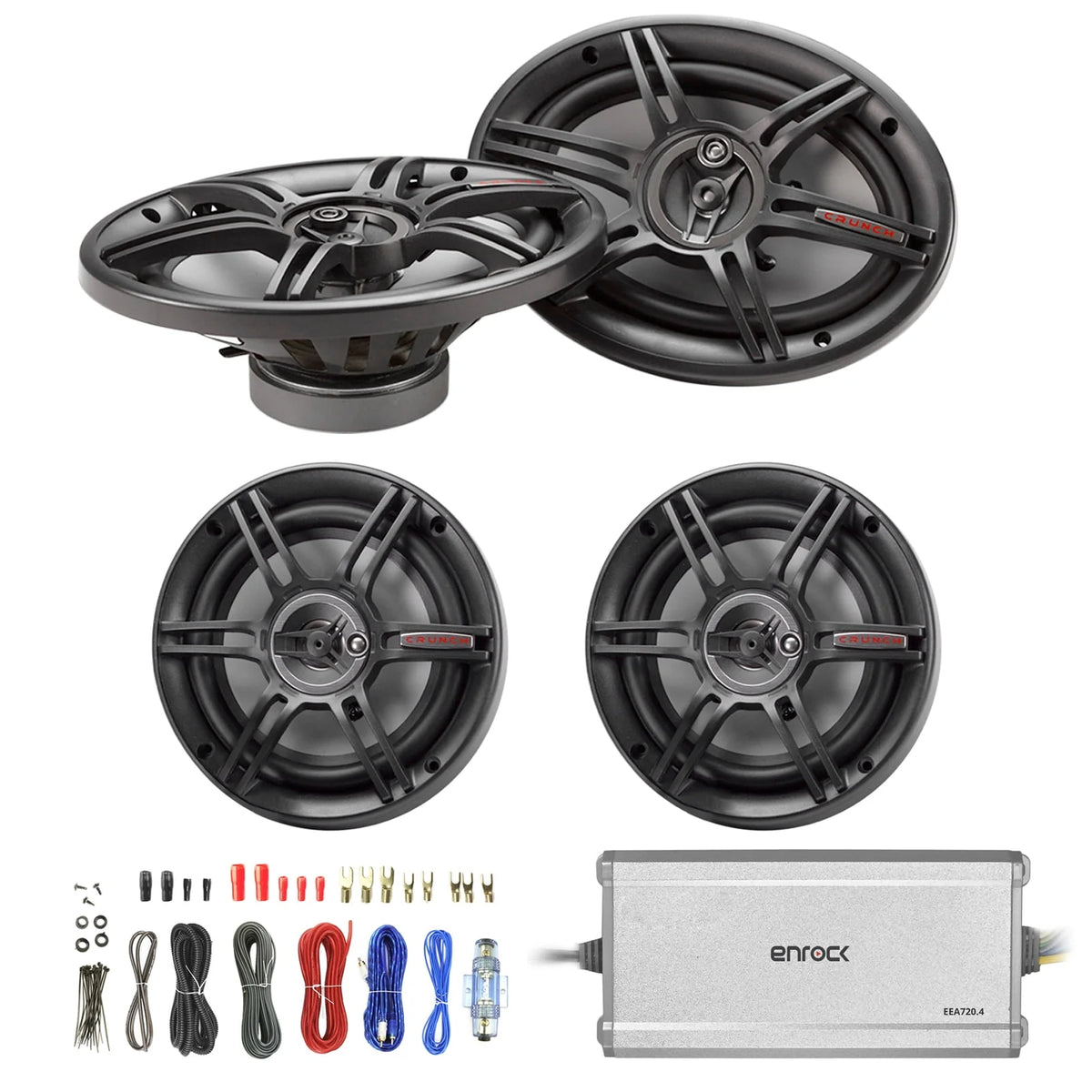 6.5 3-Way Black Car Speakers (Pair), 6x9 3-Way Car Black Speakers (Pair), 4-Channel Marine Amplifier, 18 AWG 50 Feet Speaker Wire Cable G4573