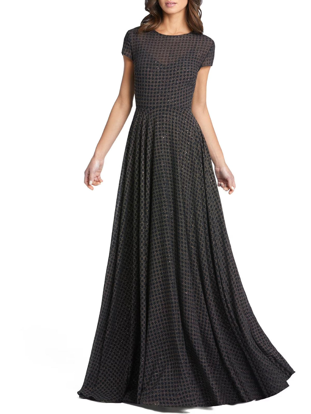 Patterned Short Sleeve A-Line Gown with Sweep Train V57111