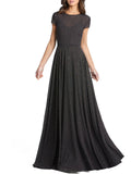 Patterned Short Sleeve A-Line Gown with Sweep Train V57111