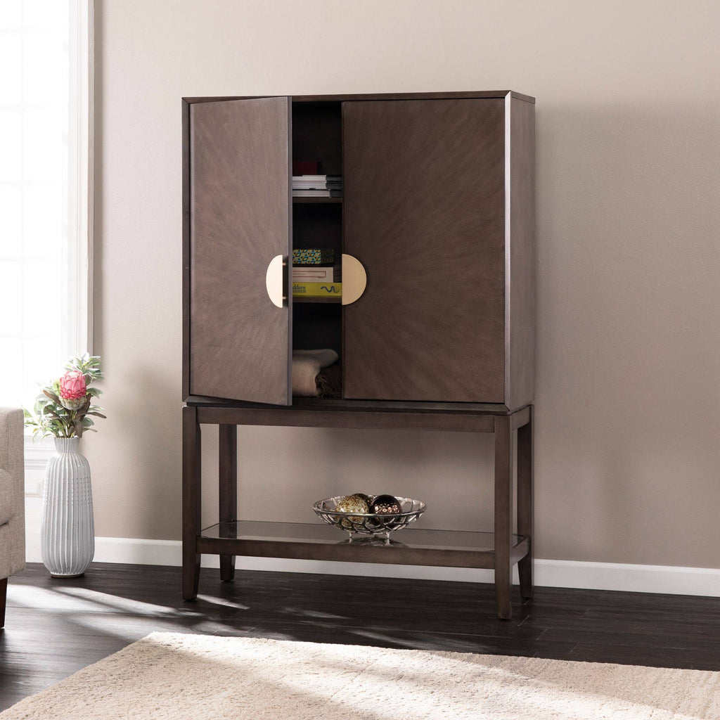Brown and Beige 2-Door Storage Bar Cabinet D3866