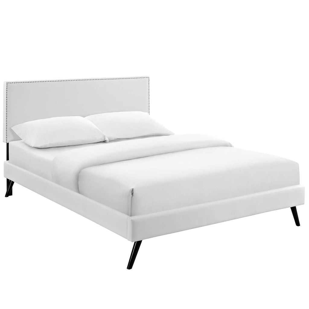 King Vinyl Platform Bed with Round Splayed Legs in White I5296