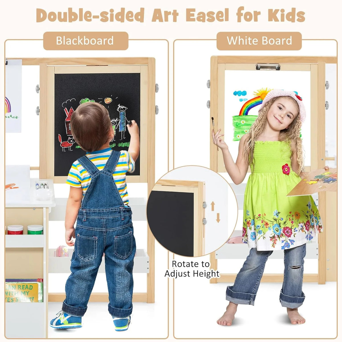 Kids Art Table and Chair Set, 3 in 1 Wood Activity Desk with Easel S164165