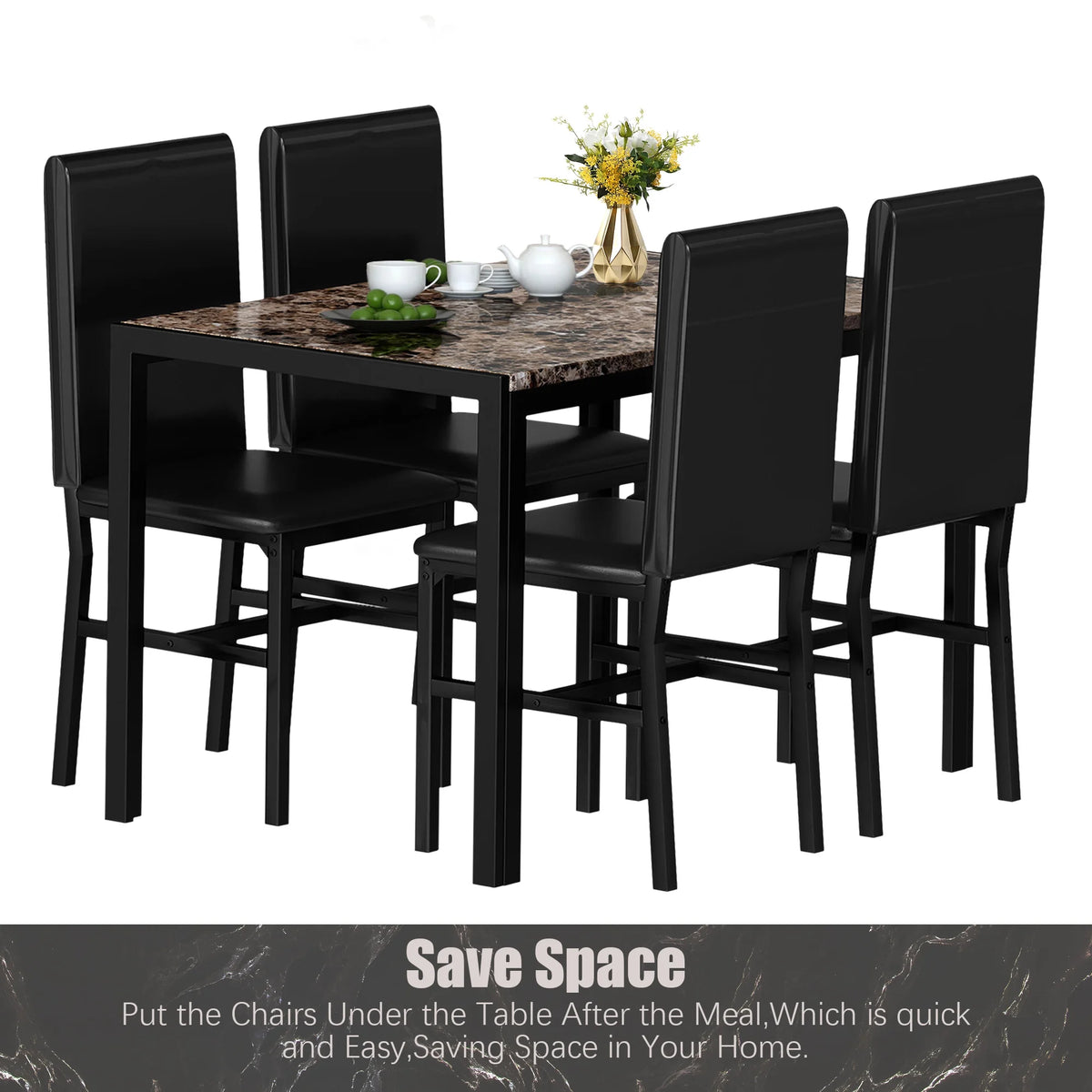 5 Piece Faux Marble Rectangular Dining Table Set with 4 Upholstered Metal Chairs R750408