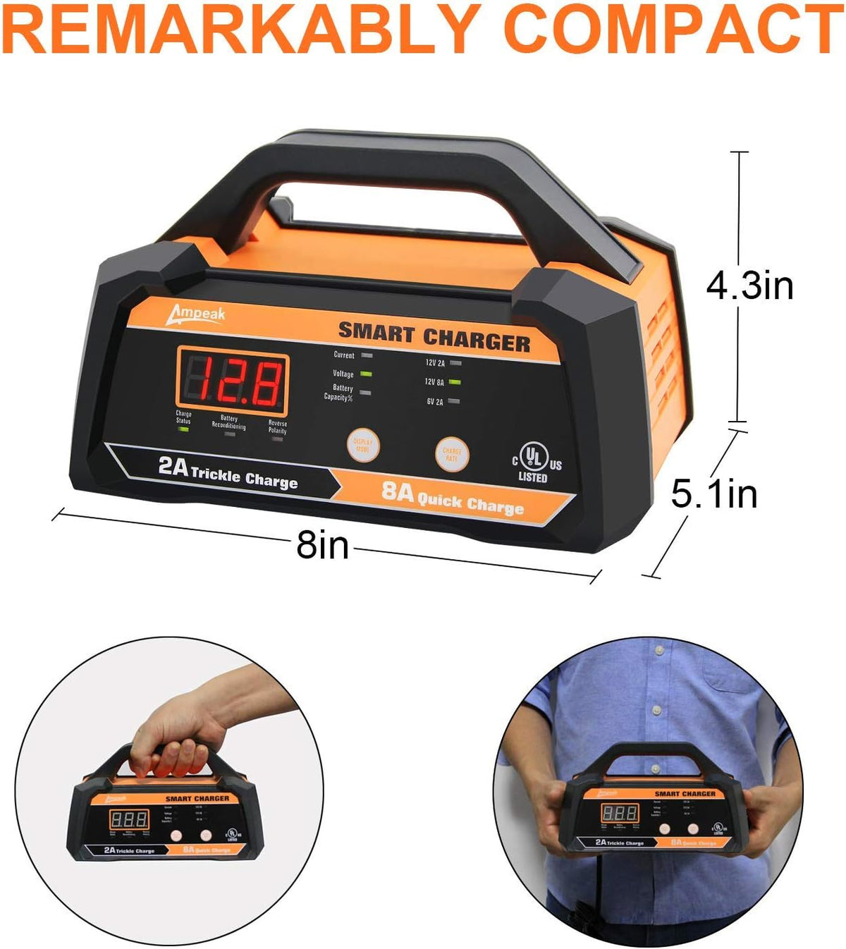 6V 12V Smart Car Battery Charger and Maintainer 2A 8A with Cable Clamps L7799
