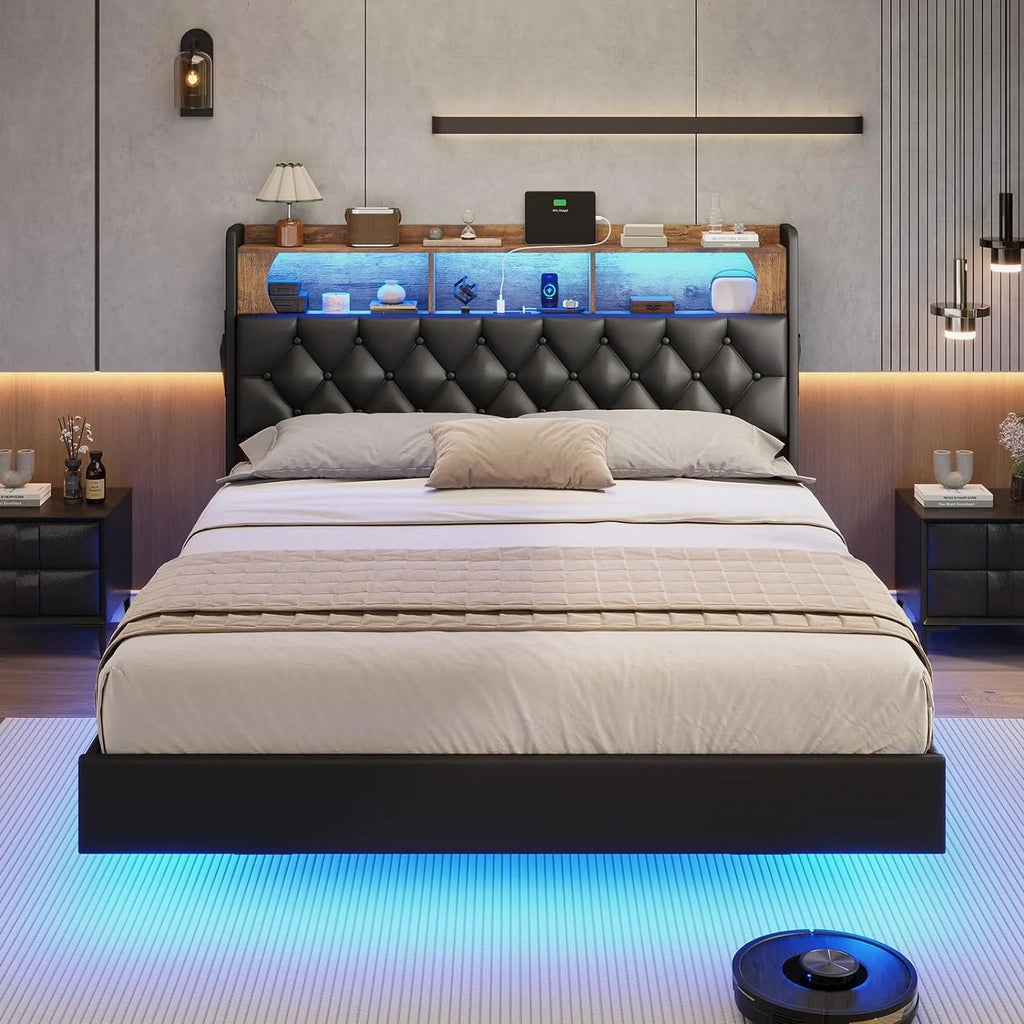 Queen Size Upholstered Platform Bed with LED Light Charging Station Storage Headboard Linen Fabric Dark Grey X45303