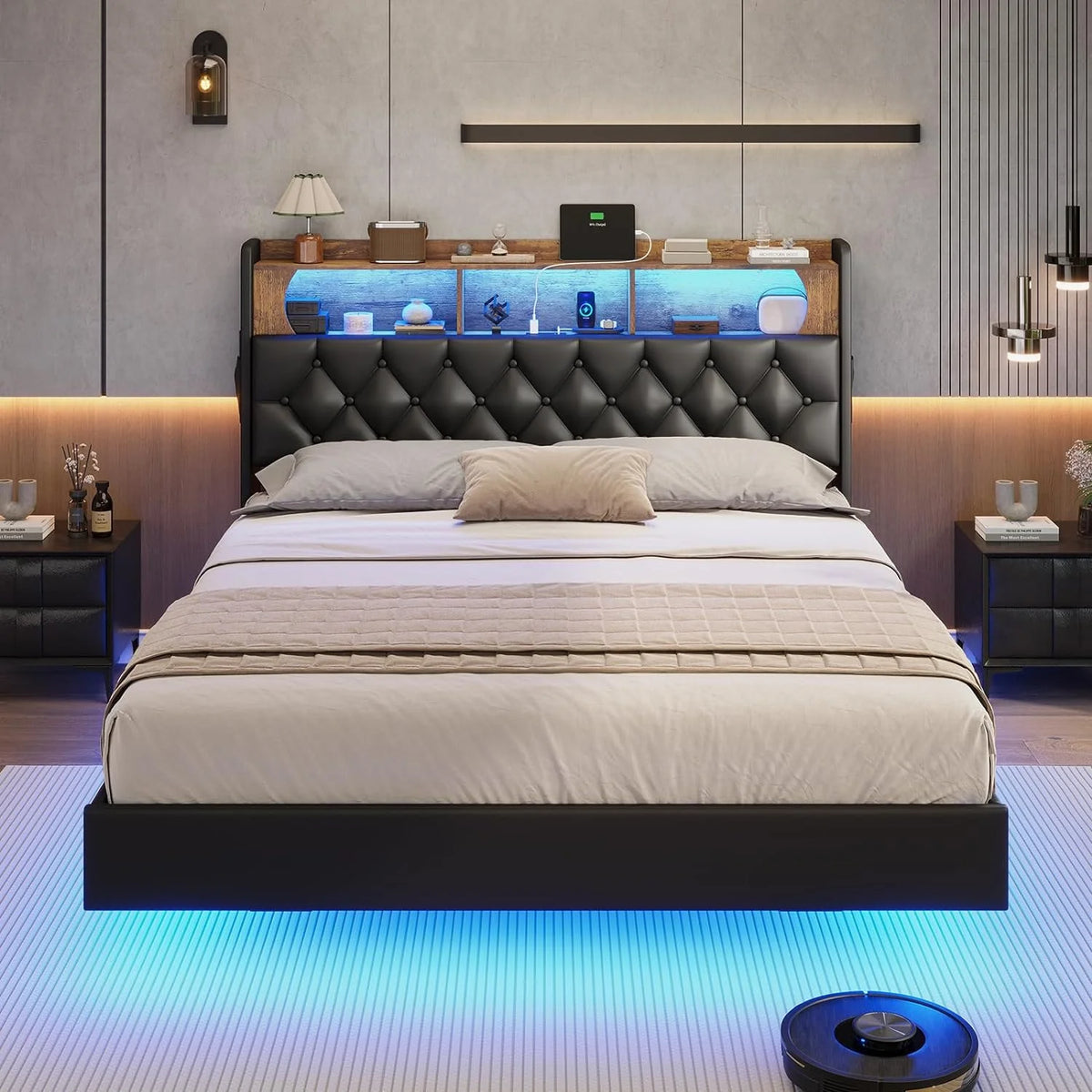 Queen Size Upholstered Platform Bed with LED Light Charging Station Storage Headboard Linen Fabric Dark Grey X45303