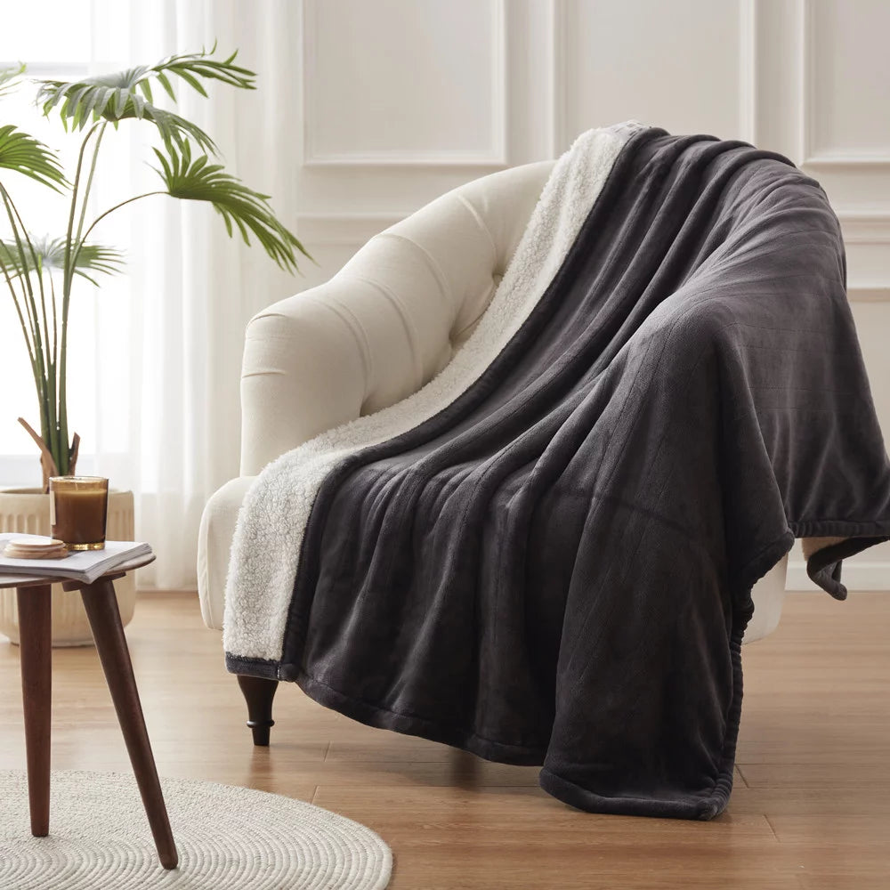 50x60" Electric Blanket Throw, 6 Heating Levels, Flannel to Sherpa Reversible, Grey P60862