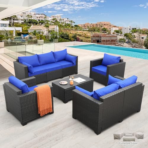 5 Pieces Patio Furniture Set with Coffee Table and Blue Cushions K780