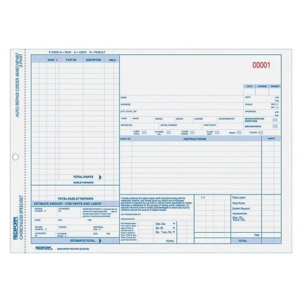 Auto Repair Order Forms 50 Pack O621491