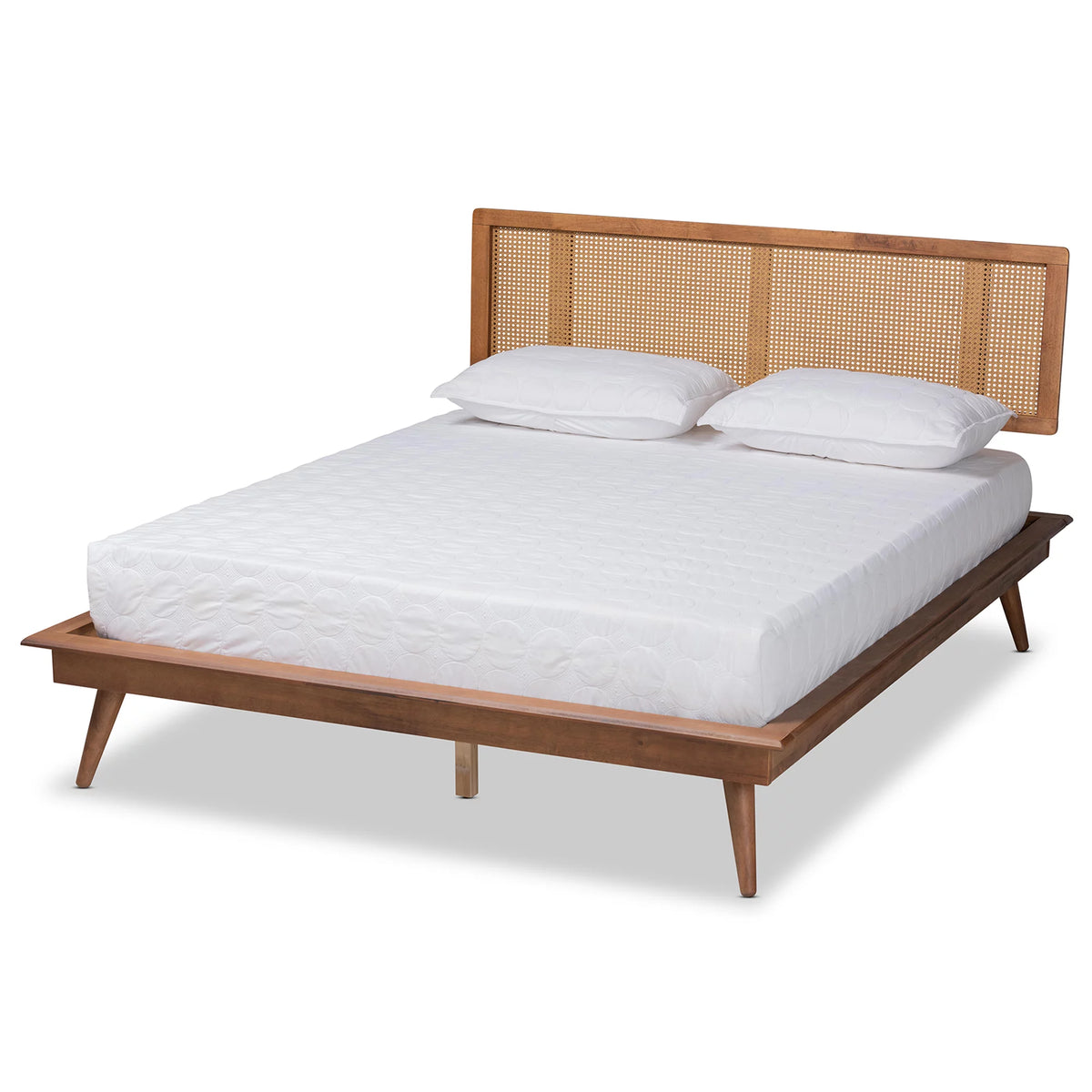 Walnut Brown Wood and Synthetic Rattan Queen Size Platform Bed Q19638