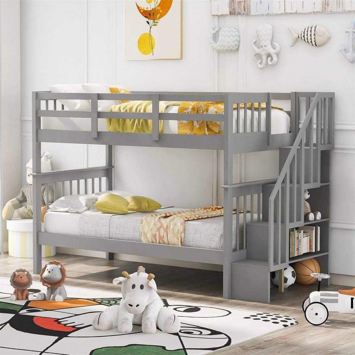Twin-Over-Twin Bunk Bed with Stairway, Storage and Guard Rail - Grey D897