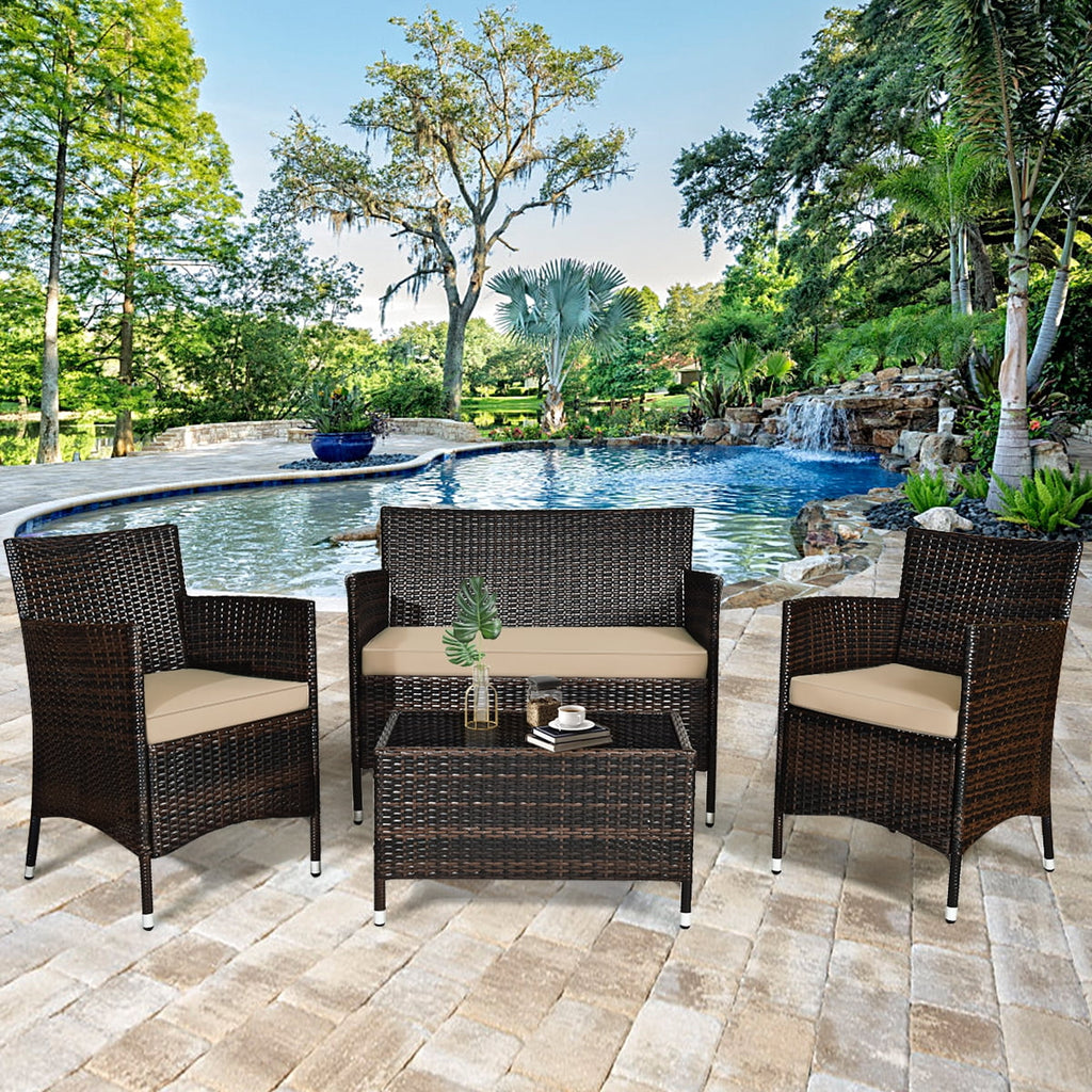 4 Pc Patio Rattan Conversation Furniture Set with Gray Cushion G8496