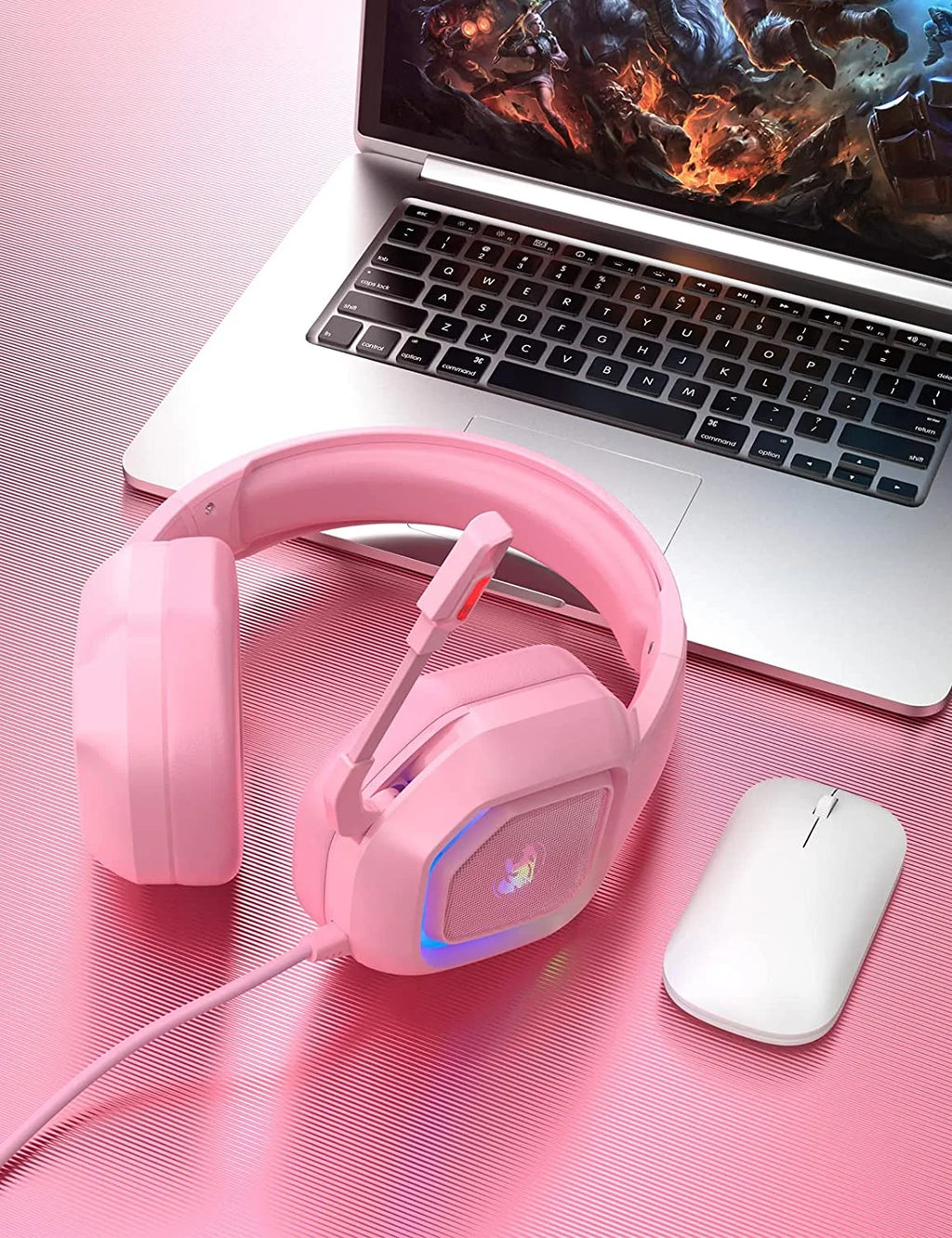 Pink Wired Over-Ear Gaming Headset with Noise Canceling Microphone D8731