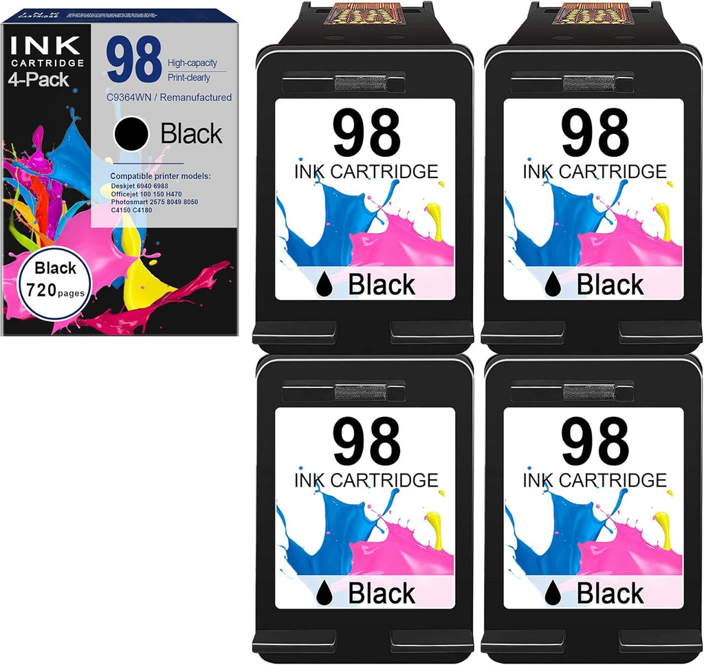 Compatible 98 C9364WN Remanufactured Ink Cartridge Replacement for HP Deskjet 6940 6988 Officejet 100 150 H470 Photosmart 2575 C4150 C4180 8049 8050 Printers (4 Pack, Black) T7357
