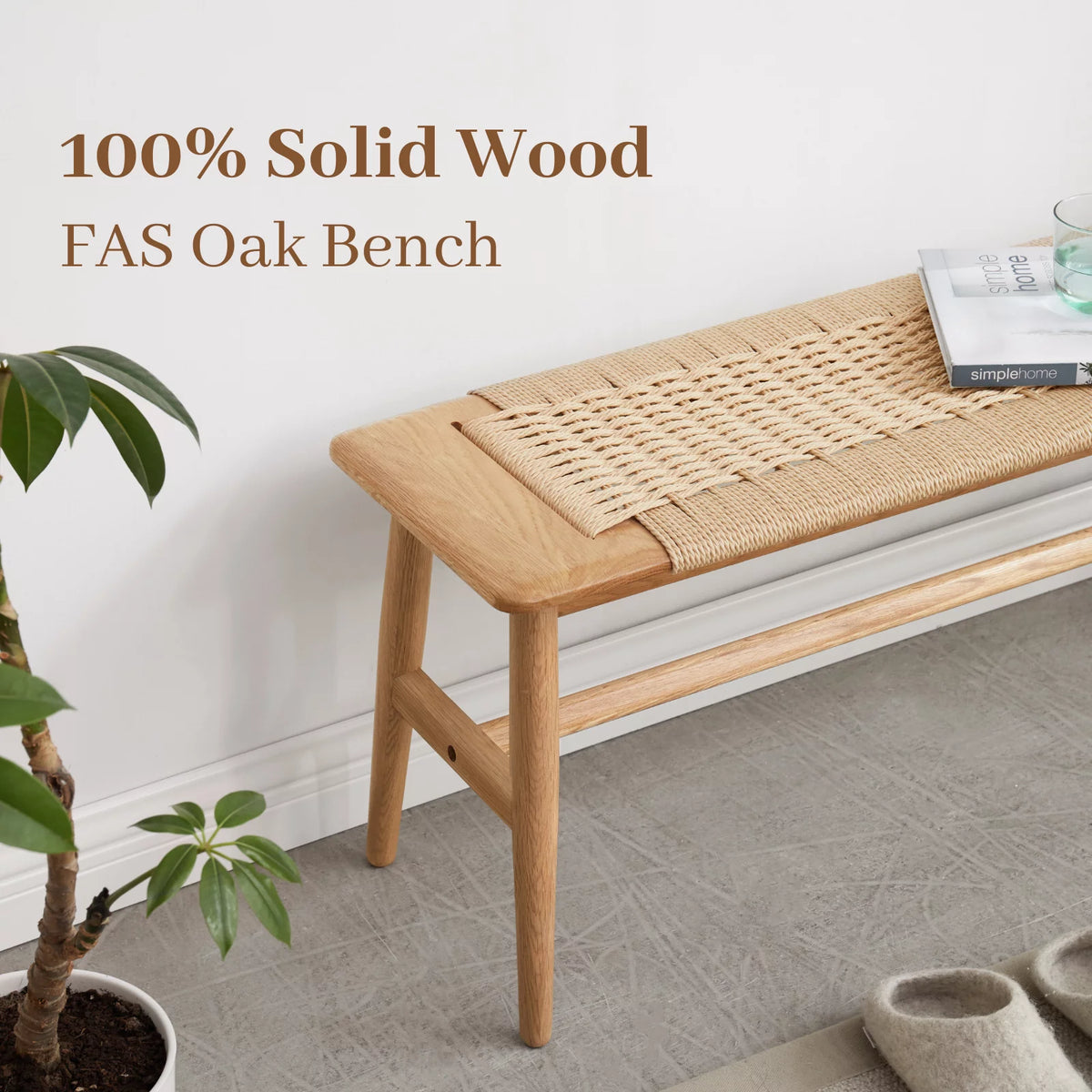 32" Oak Solid Wood Rope Woven Bench G840833