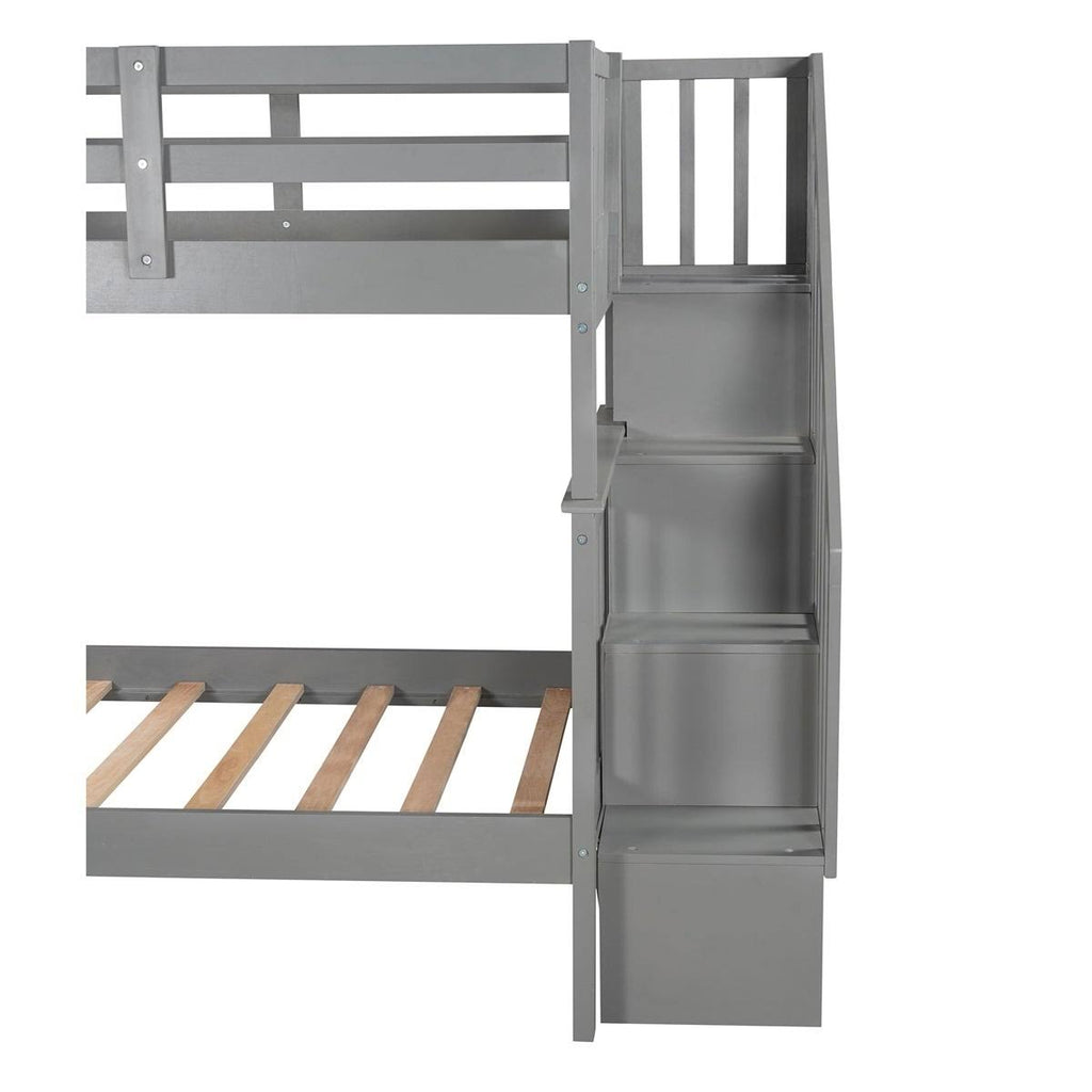 Twin-Over-Twin Bunk Bed with Stairway, Storage and Guard Rail - Grey D897