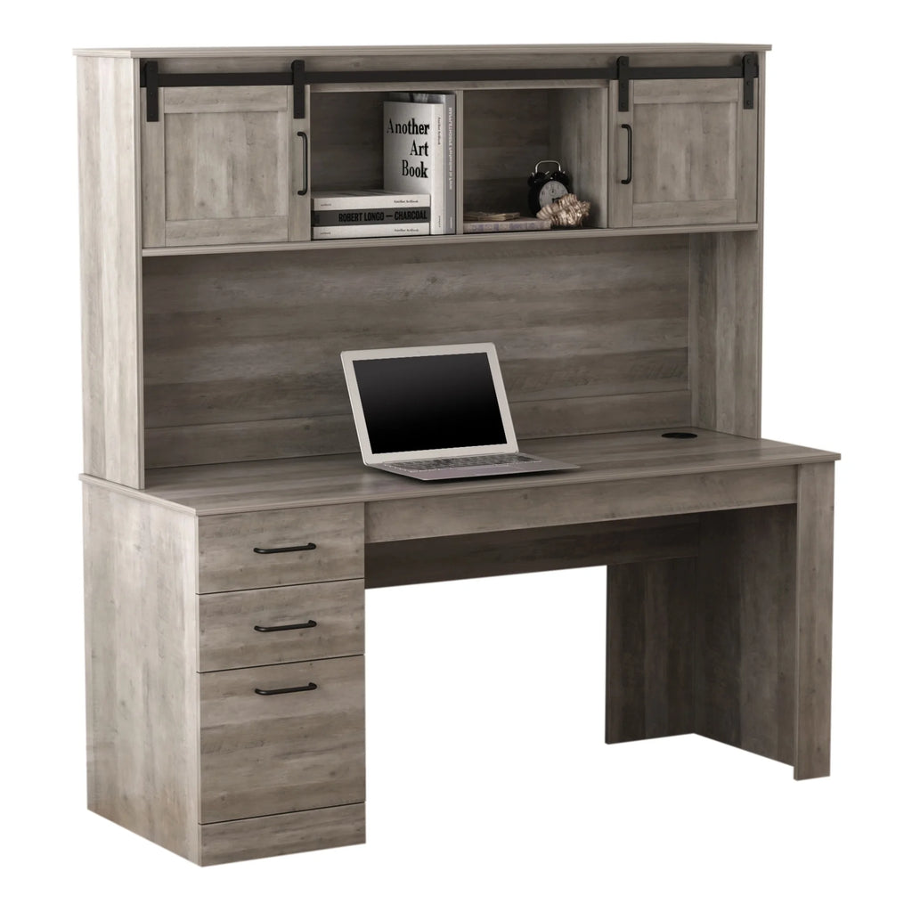 65"W Computer Desk With Hutch And Wireless Charging, Smoky Brown B802