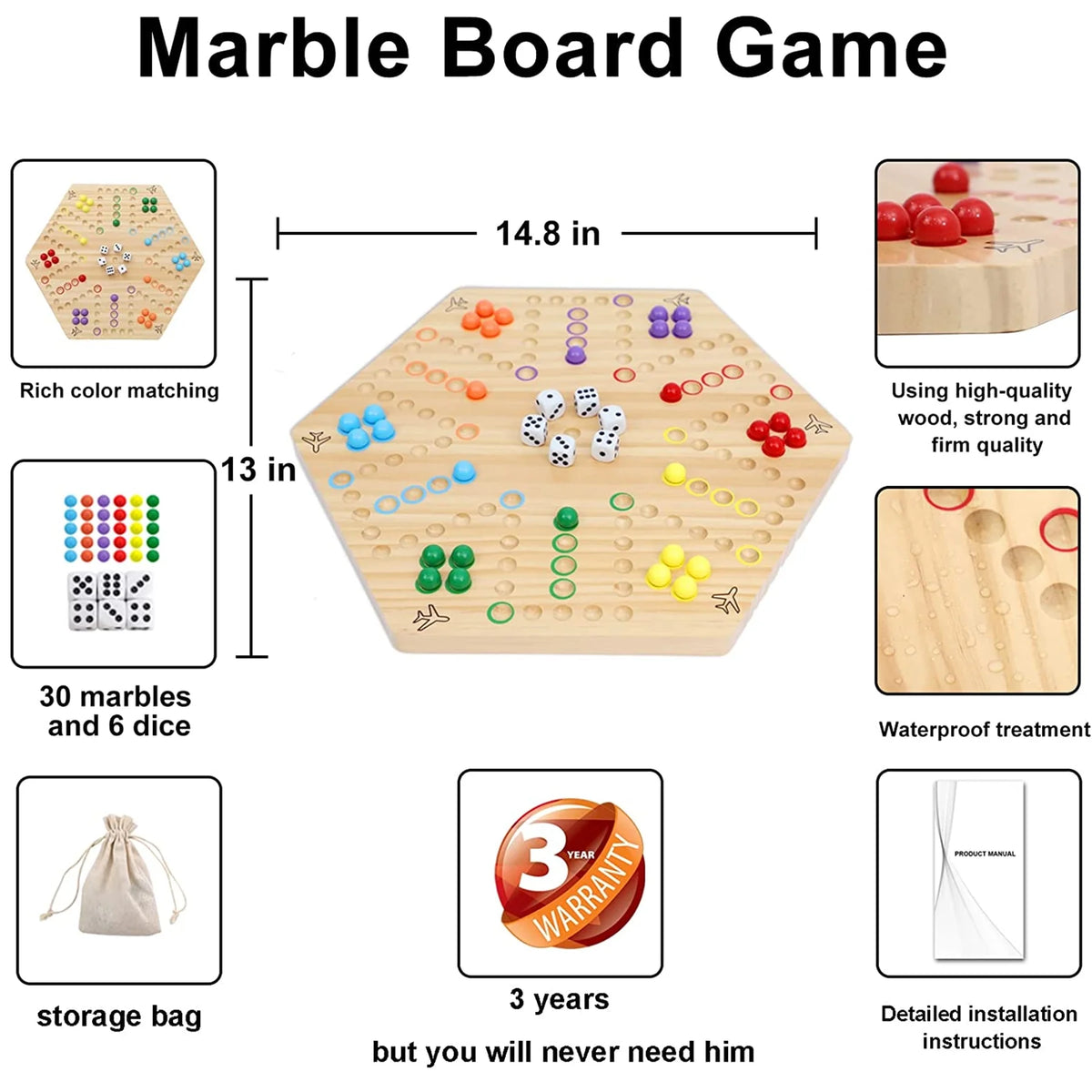Wahoo Board Game Double Sided Painted Wooden 6 Colors 24 Marbles 6 Dice P836736