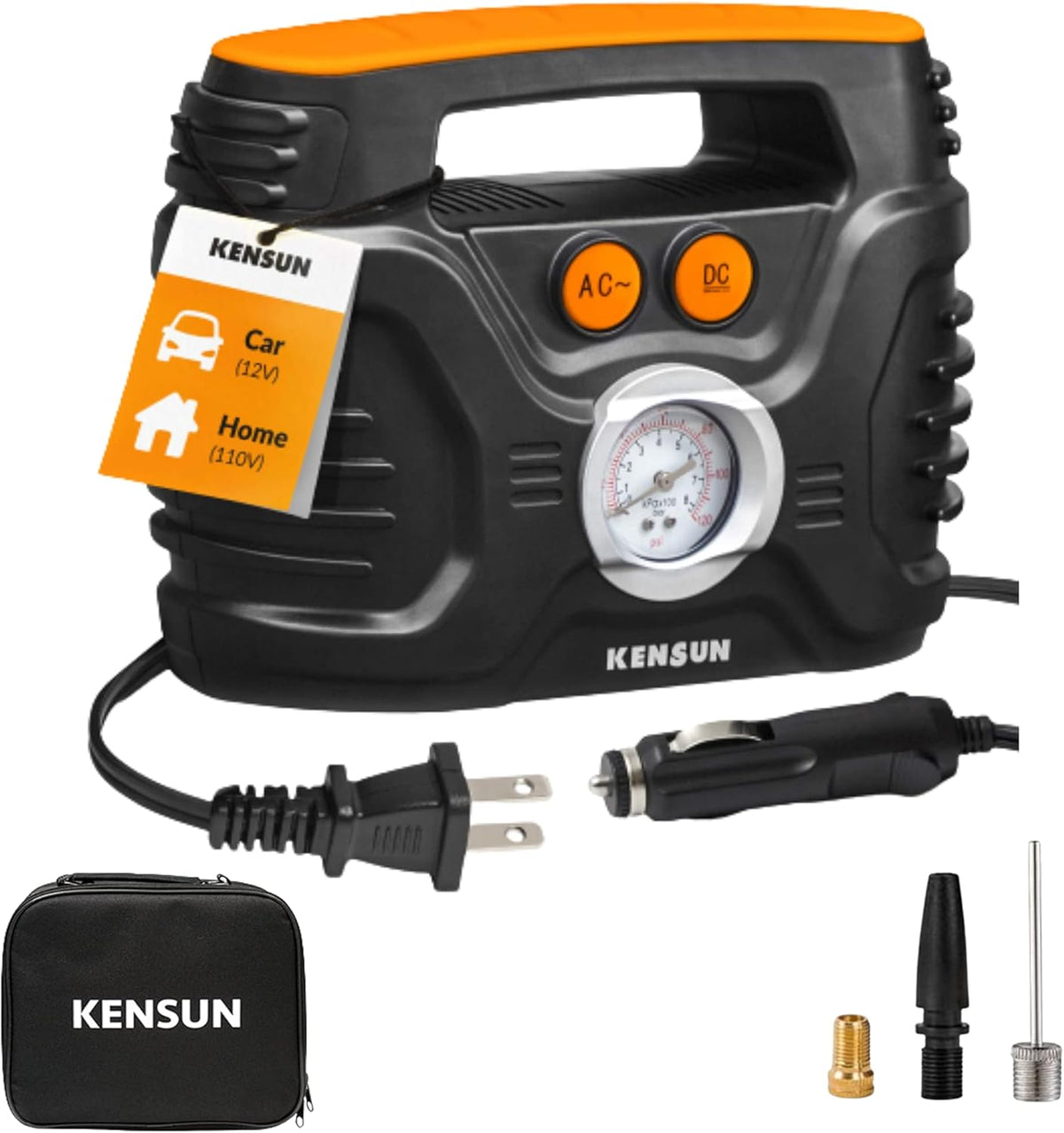 AC/DC Power Supply Portable Air Compressor Pump with Analog Display to 100 PSI Tire Inflator J84604