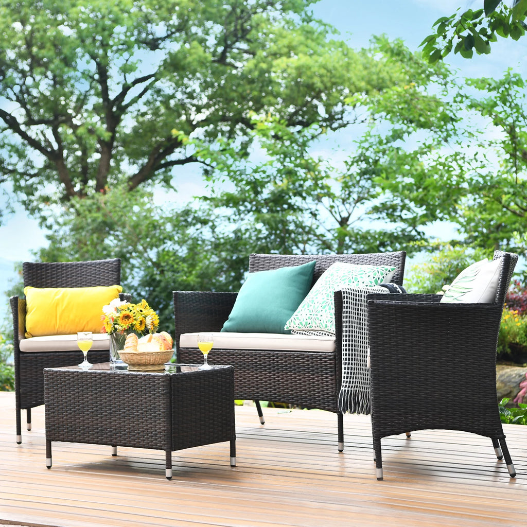 4 Pc Patio Rattan Conversation Furniture Set with Gray Cushion G8496