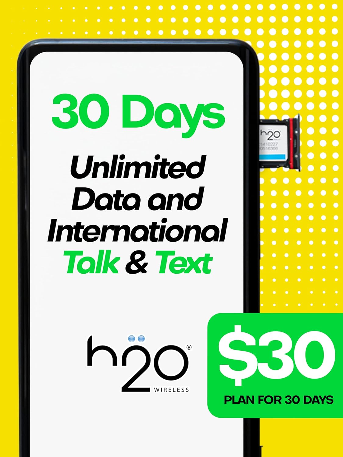 H2O Wireless SIM Card $30 Plan Preloaded Triple-Cut SIM with Unlimited Data and 6GB High-Speed 4G LTE/5G Data Coverage (120-Day Plan) I936