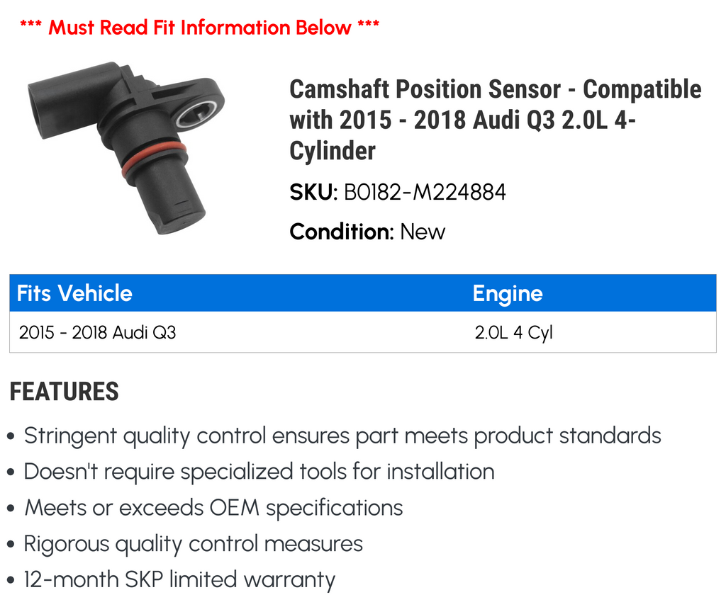 Camshaft Position Sensor for 2015-2018 Audi Q3 2.0L 4-Cylinder S4468