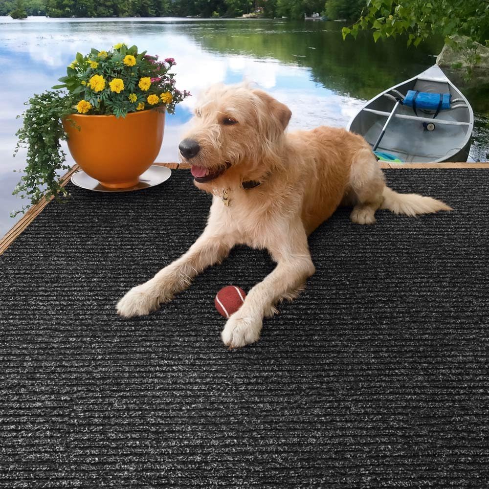Charcoal Black Ribbed Indoor Outdoor Carpet 6 Feet X 10 Feet T596269