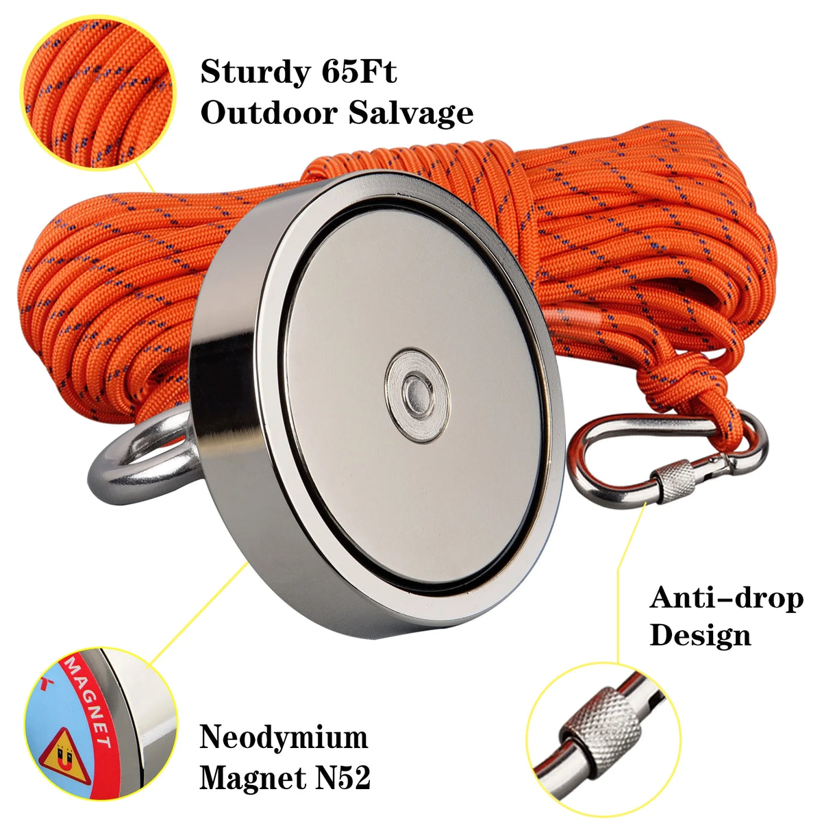 Magnet Fishing Kit 1200LB Dia.3.81in Neodymium Magnet N52 with 20 Meters Rope C1960