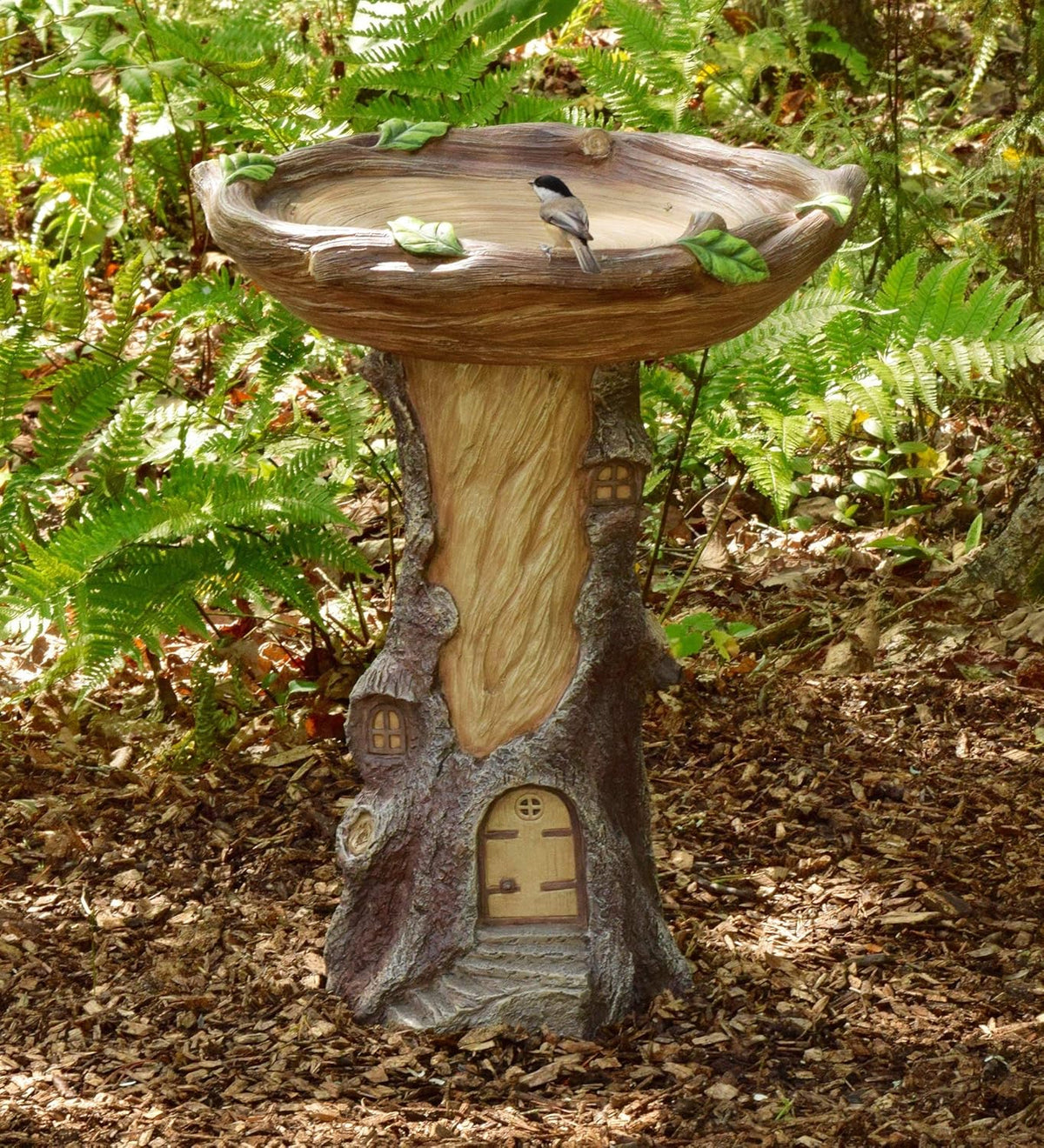 Full-Size Fairy Garden Birdbath with Miniature Fairy House in A Tree Stump, Hand-Painted Wood-Look Resin, 18 Dia. x 23½H Pack of 2 T49824
