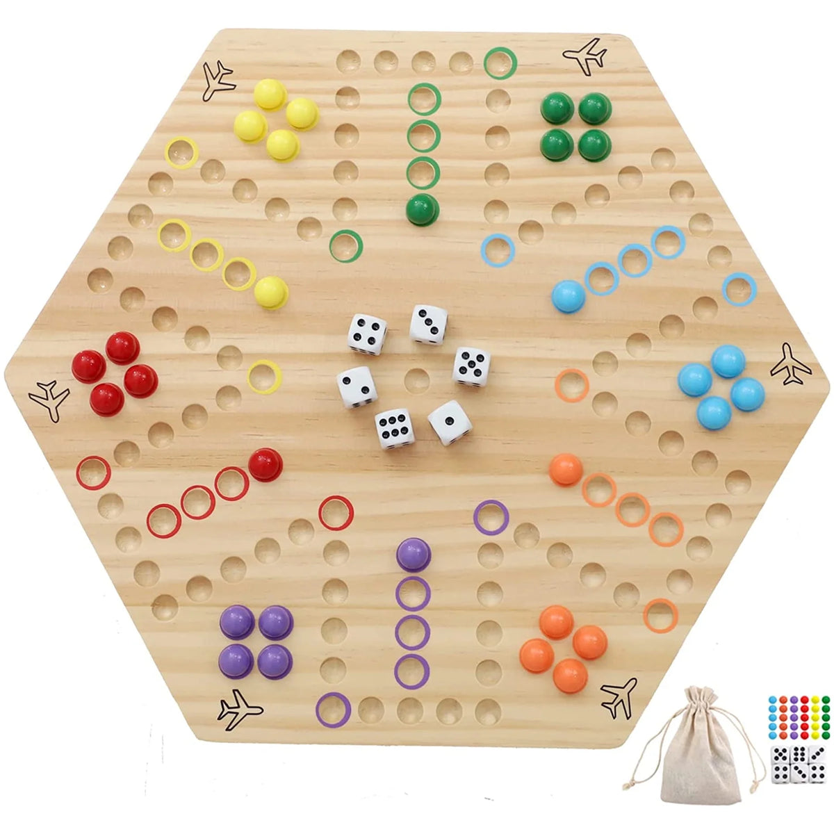 Wahoo Board Game Double Sided Painted Wooden 6 Colors 24 Marbles 6 Dice P836736