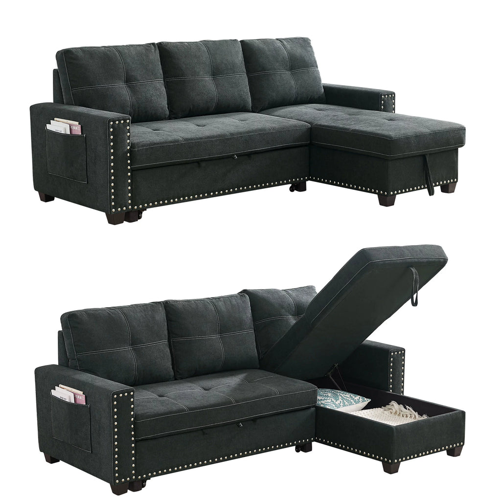 Black Queen Size Sleeper Sofa Bed with Storage Chaise O107647