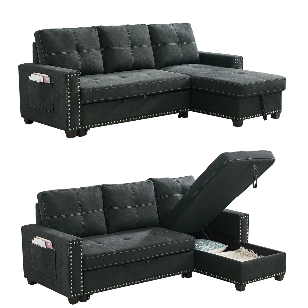 Black Queen Size Sleeper Sofa Bed with Storage Chaise O107647