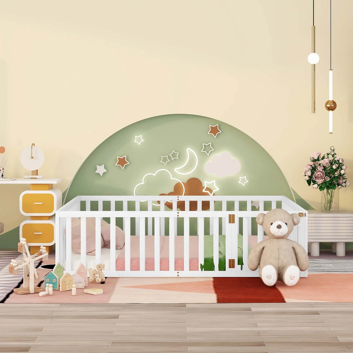 Wood Floor Bed Frame with Fence and Door Queen Size G9094