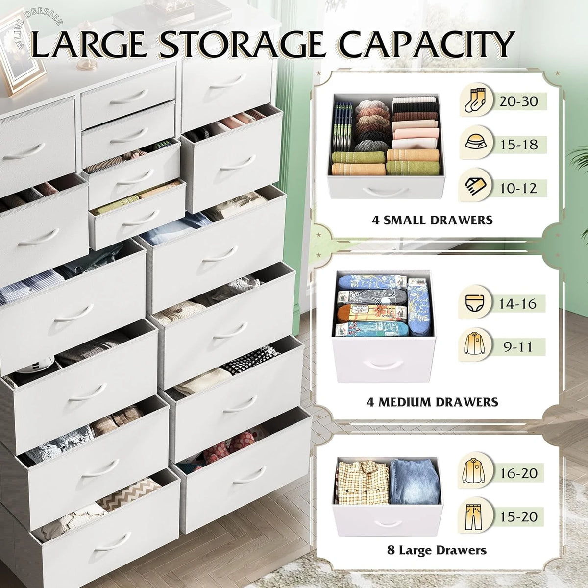 White 16 Drawer Fabric Storage Dresser B82814