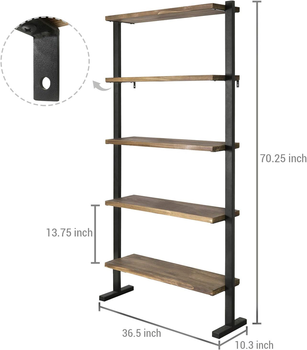 5-Shelf Industrial Metal and Solid Pine Wood Bookcase Dark Brown V6298