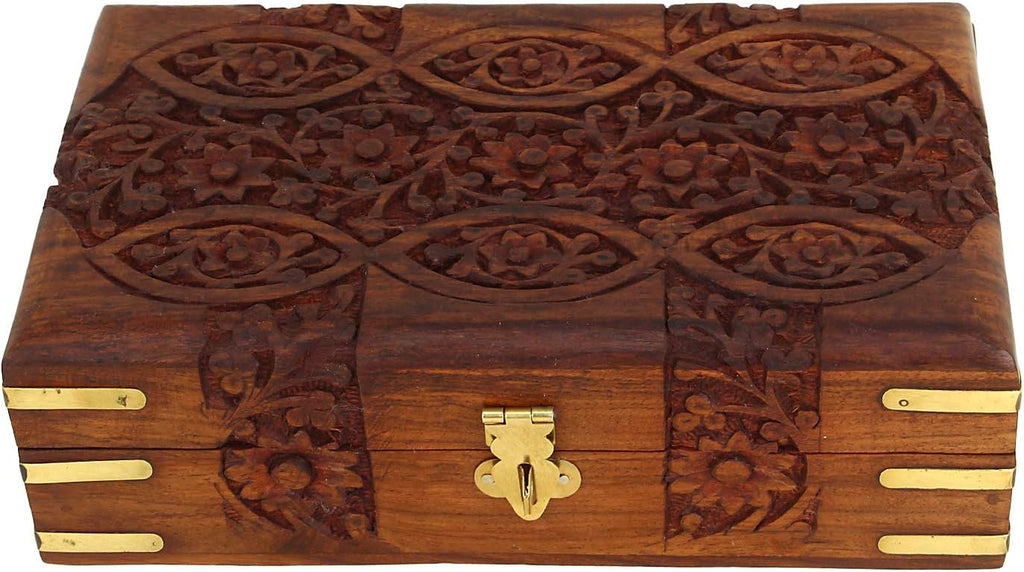 Hand Carved Wooden Storage Organiser Jewellery Box 20x12.5x6.5 CM D44553