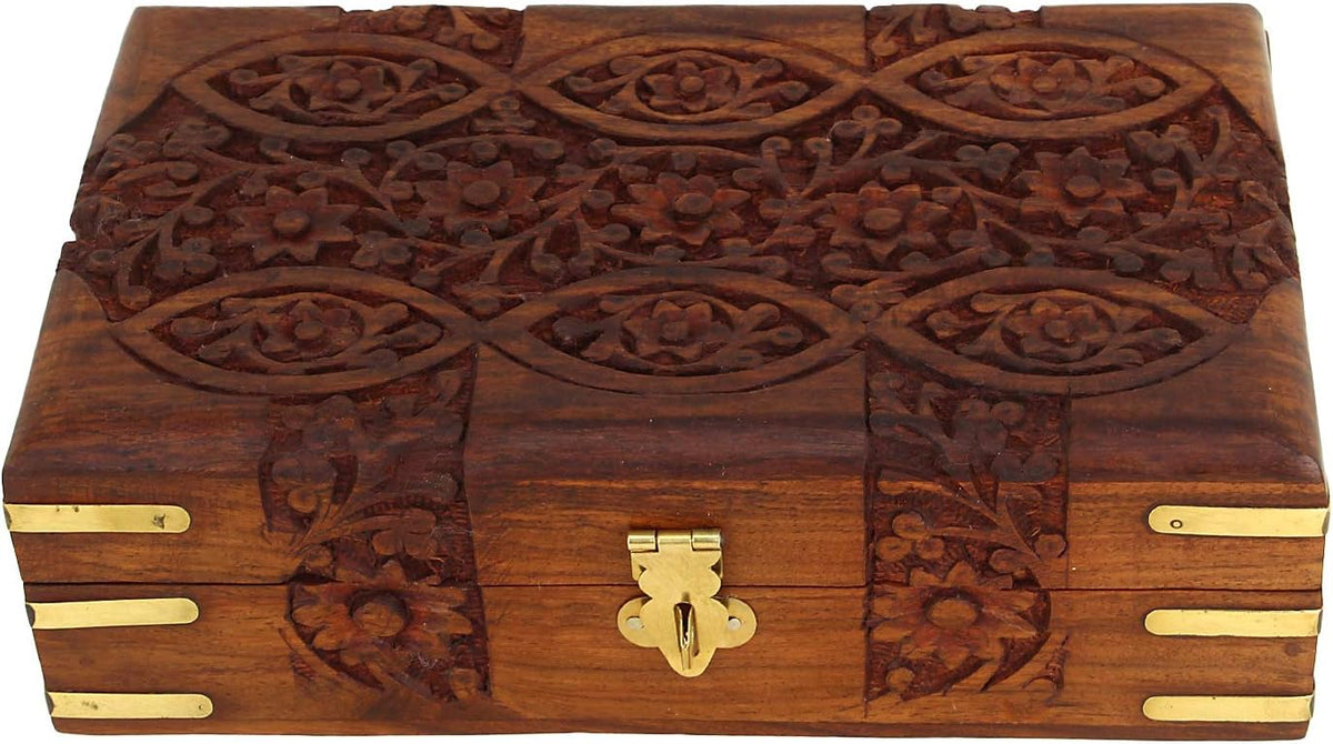 Hand Carved Wooden Storage Organiser Jewellery Box 20x12.5x6.5 CM D44553