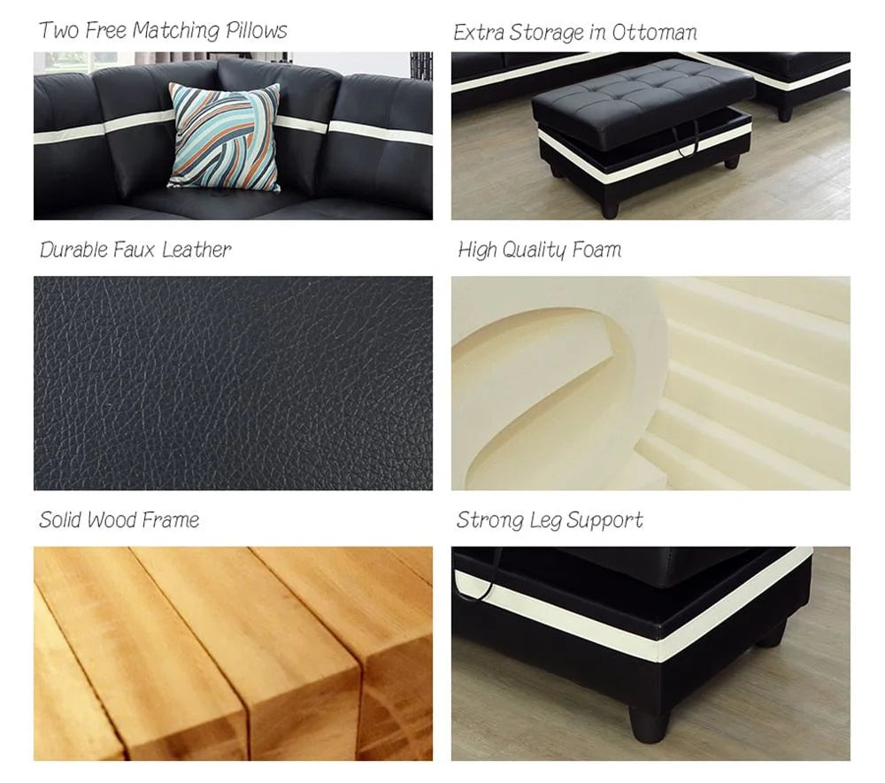 Black & White Faux Leather Sectional with Ottoman F30777
