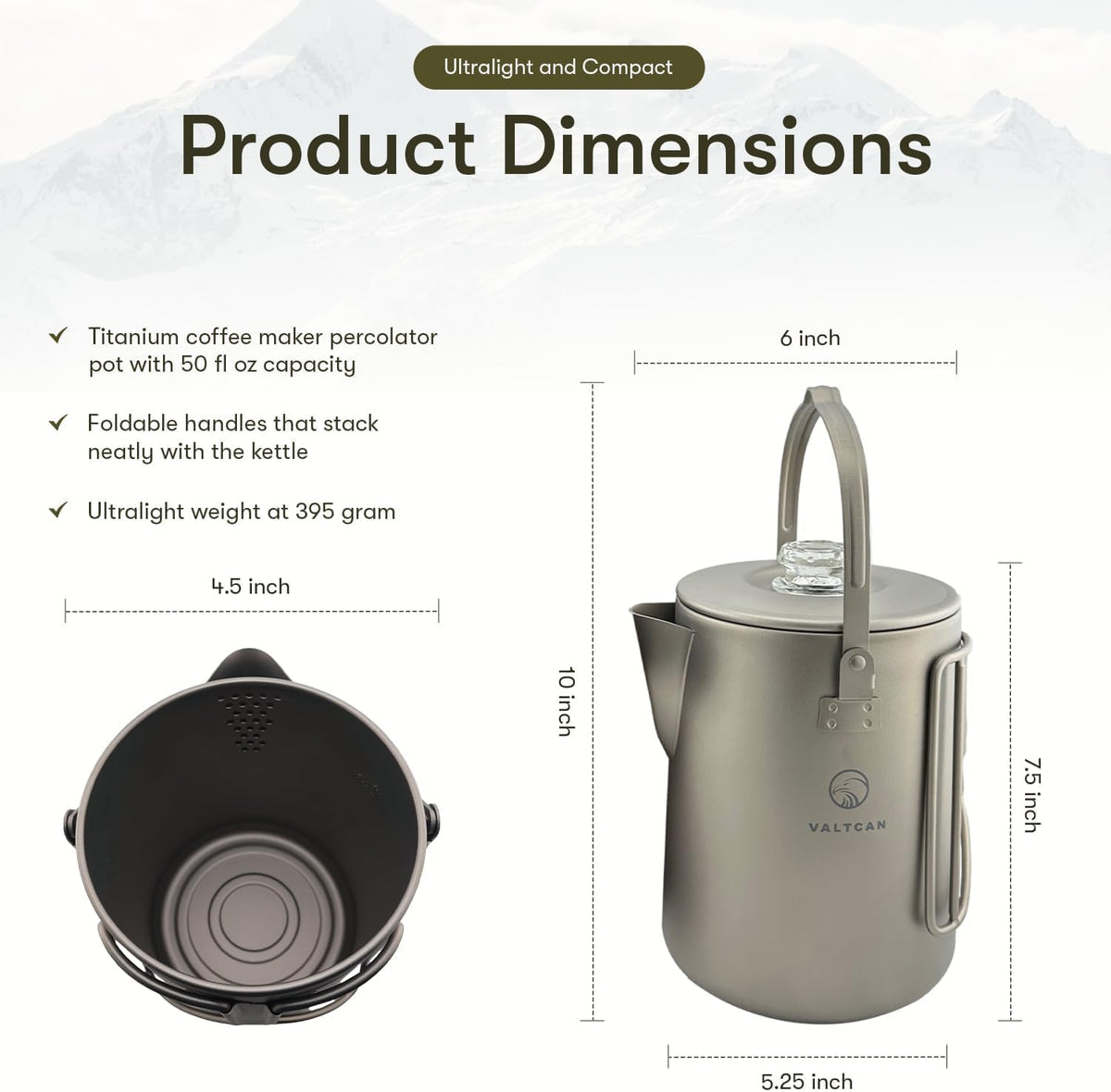 Titanium Percolator Coffee Maker Pot 1.5L 50 fl oz 6 Cup Capacity Glass Knob E174760